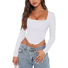 REORIA Womens Trendy Sexy Square Neck Long Sleeve Backless Y2K Going Out Boned Bustier Corset Crop Tops