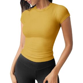 GEMBERA Womens' Stretchy Ribbed High Neck Short Sleeve Gym Workout Slim Fitted Casual Full Length Top T-Shirt