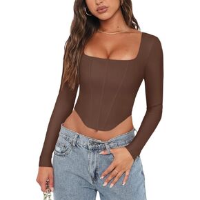 REORIA Womens Trendy Sexy Square Neck Long Sleeve Backless Y2K Going Out Boned Bustier Corset Crop Tops