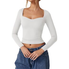 QINSEN Womens Slimming Fit Sweetheart Neck Long Sleeve Basic Crop Tops Stretch Going Out Tee Shirt