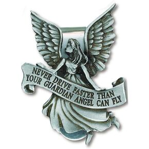 Never Drive Faster Than Your Guardian Angel Can Fly Pewter Auto Visor Clip 2" LengthL8