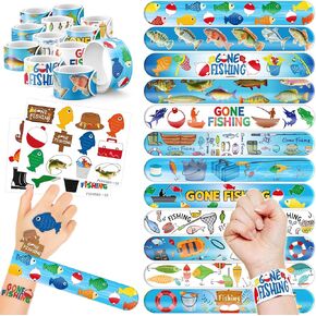 48PCS Gone Fishing Party Favors 24PCS Tattoos 24PCS Slap Bracelets Wristbands Themed Birthdays Party Supplies Decorations DIY Pattern Girls Boys Gifts School Classroom Prize Carnival Christmas Reward