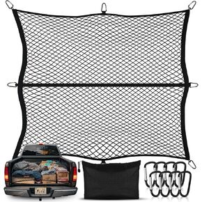 Cargo Net for Pickup Truck Bed, Truck Bed Net 4' x 4' Stretches to 7'x7' Highly Elastic Cargo Net Stretchable Mesh Organizer for Pickup Trunk Bed Truck Cargo Net with 8 Metal Carabiner