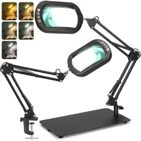Veemagni 10X Rectangle Magnifying Glass with Light and Stand, 5 Color Modes Stepless Dimmable, 2-in-1 LED Lighted Desk Lamp & Clamp, Hands Free Magnifier for Reading Crafts Repair Painting Close Work