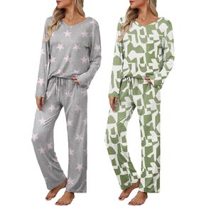 Ekouaer Womens 2 Pack Pajama Set Long Sleeve Pajamas Top and Pants V Neck Pjs Set Soft Loungewear with Pockets
