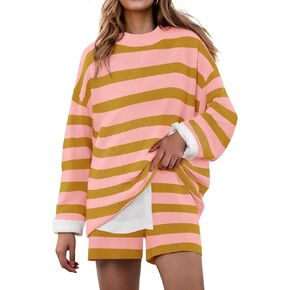 ZESICA Striped Lounge Sets for Women 2 Piece Oversized Outfits Long Sleeve Tops and Shorts Sweater Pajama Set in Saudi Arabia