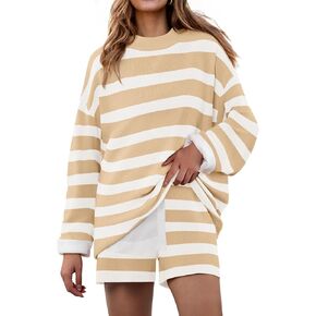 ZESICA Striped Lounge Sets for Women 2 Piece Oversized Outfits Long Sleeve Tops and Shorts Sweater Pajama Set
