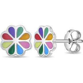 925 Sterling Silver Vibrant Floral Enamel Standard Push Back Earrings For Little Girls & Preteens - Small Multicolored Enamel Flower Power Earrings For Girls - Small Flower Earrings For Young Teens