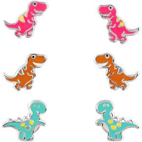 925 Sterling Silver Set of 3 Pairs Children's Dinosaur Stud Earrings