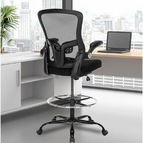 Drafting Chair,Ergonomic Tall Office Chairs,Standing Desk Chair with Adjuatable Height,Breathable Mesh High Chair with Foot Rest,Stool Chair with Flip up Arms,Counter Height Chairs,Black