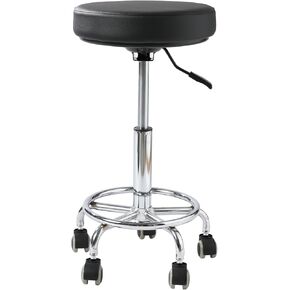 Round Rolling Stool with Footrest, Patent Leather Drafting Stool Chair with Wheels Work Spa Salon Seat