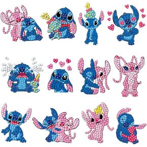12 Pcs Diamond Art Stickers Kits for Kids, DIY Cartoon Paint by Numbers Diamonds Mosaic Stickers for Kids Arts Diamond Craft Stickers for Kids and Adult Beginners