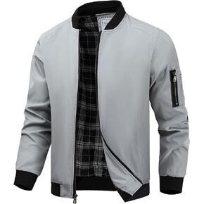 Men's Plaid Lined Bomber Lightweight Jacket Full Zip Windbreaker Casual Long Sleeve Jacket with 4 Pockets