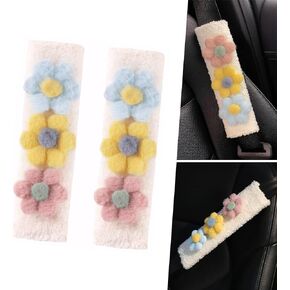 2 PCS Car Seat Belt Shoulder Strap Protector, 9.4" x 2.5" Plush Soft Relieve Shoulder Neck Pressure Pad, Cartoon Flower Decorated Velcro Installation Pad, Universal for Cars (Blue)