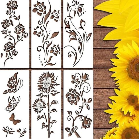 6 قطع من استنسل الزهور الكبيرة لسياج الحديقة - ديكور DIY، استنسل السياج للرسم الكبير، استنسل الزهور الكبيرة للسياج الخشبي، طلاء رذاذ ساحة عباد الشمس، استنسل الأرضيات الكبيرة in Saudi Arabia