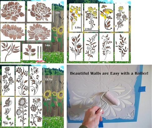 6 قطع من استنسل الزهور الكبيرة لسياج الحديقة - ديكور DIY، استنسل السياج للرسم الكبير، استنسل الزهور الكبيرة للسياج الخشبي، طلاء رذاذ ساحة عباد الشمس، استنسل الأرضيات الكبيرة in Saudi Arabia