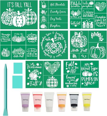 JAJADO 17 Pcs Halloween Silk Screen Stencils Chalk Paste Paint, 8pcs Fall Halloween Adhesive Stencils Silk Screen Transfers, 6pcs 1.7oz/50ml Stencil Paint on Wood Shirts Holiday Halloween Home Decor in Kuwait