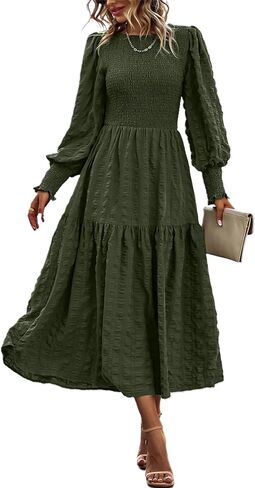 PRETTYGARDEN Women 2024 Puff Long Sleeve Crewneck Smocked Maxi Dress Solid Empire Waist Tiered A-line Swing Flowy Long Dress in Saudi Arabia