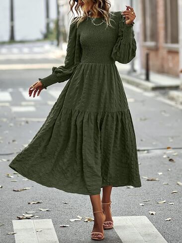 PRETTYGARDEN Women 2024 Puff Long Sleeve Crewneck Smocked Maxi Dress Solid Empire Waist Tiered A-line Swing Flowy Long Dress in Saudi Arabia