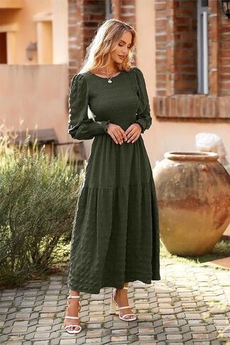 PRETTYGARDEN Women 2024 Puff Long Sleeve Crewneck Smocked Maxi Dress Solid Empire Waist Tiered A-line Swing Flowy Long Dress in Saudi Arabia