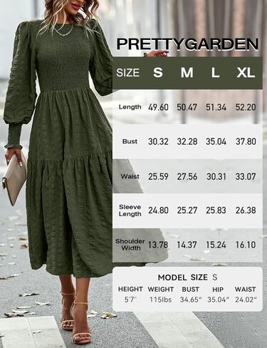 PRETTYGARDEN Women 2024 Puff Long Sleeve Crewneck Smocked Maxi Dress Solid Empire Waist Tiered A-line Swing Flowy Long Dress in Saudi Arabia