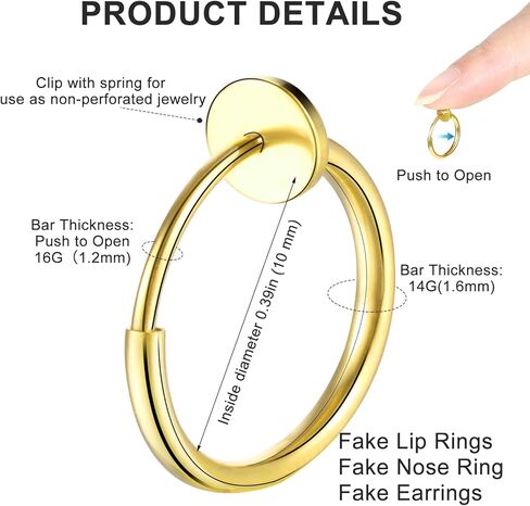 9 قطع ذهبية وهمية لثقب الأنف، مشبك ثقب الشفاه وهمية على الأنف Ring16G الفولاذ المقاوم للصدأ مسمار الأنف 20 جرام غير ثقب مجوهرات ثقب الأنف للنساء in Kuwait