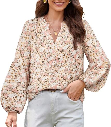 JASAMBAC Women's Casual V Neck Floral Print Smocked Long Sleeve Chiffon Blouses Bohemian Top Shirts in Saudi Arabia