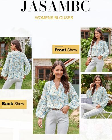 JASAMBAC Women's Casual V Neck Floral Print Smocked Long Sleeve Chiffon Blouses Bohemian Top Shirts in Saudi Arabia
