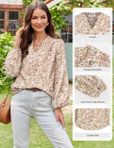 JASAMBAC Women's Casual V Neck Floral Print Smocked Long Sleeve Chiffon Blouses Bohemian Top Shirts in Saudi Arabia
