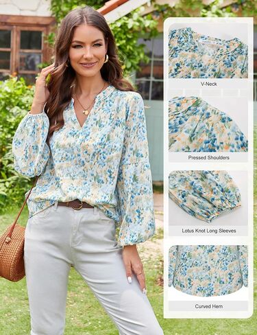JASAMBAC Women's Casual V Neck Floral Print Smocked Long Sleeve Chiffon Blouses Bohemian Top Shirts in Saudi Arabia