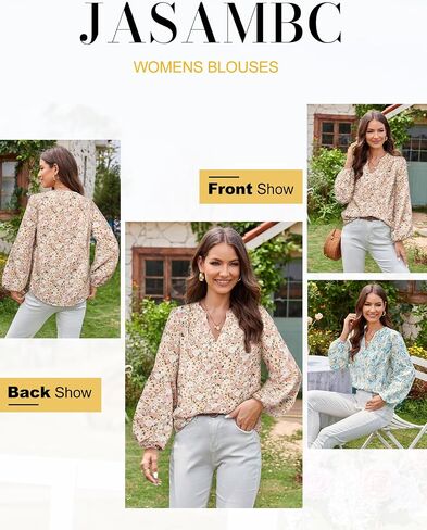 JASAMBAC Women's Casual V Neck Floral Print Smocked Long Sleeve Chiffon Blouses Bohemian Top Shirts in Saudi Arabia