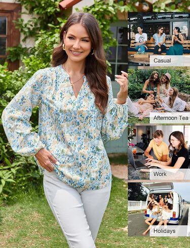 JASAMBAC Women's Casual V Neck Floral Print Smocked Long Sleeve Chiffon Blouses Bohemian Top Shirts in Saudi Arabia