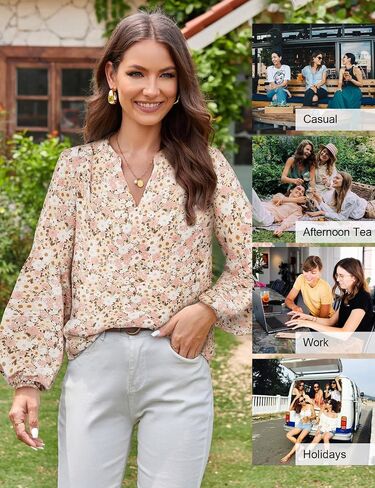 JASAMBAC Women's Casual V Neck Floral Print Smocked Long Sleeve Chiffon Blouses Bohemian Top Shirts in Saudi Arabia