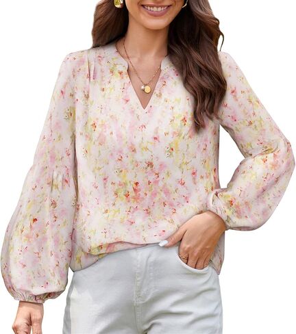 JASAMBAC Women's Casual V Neck Floral Print Smocked Long Sleeve Chiffon Blouses Bohemian Top Shirts in Saudi Arabia