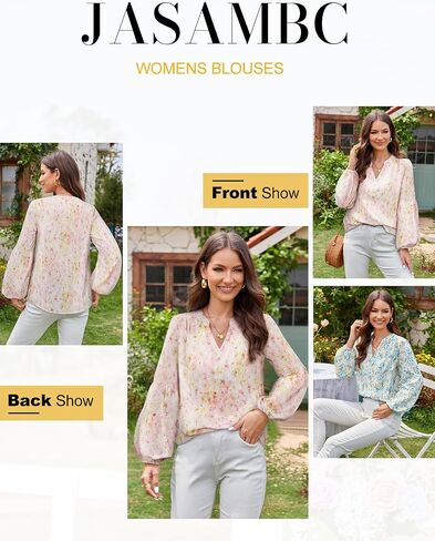 JASAMBAC Women's Casual V Neck Floral Print Smocked Long Sleeve Chiffon Blouses Bohemian Top Shirts in Saudi Arabia
