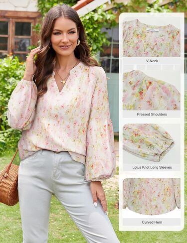 JASAMBAC Women's Casual V Neck Floral Print Smocked Long Sleeve Chiffon Blouses Bohemian Top Shirts in Saudi Arabia
