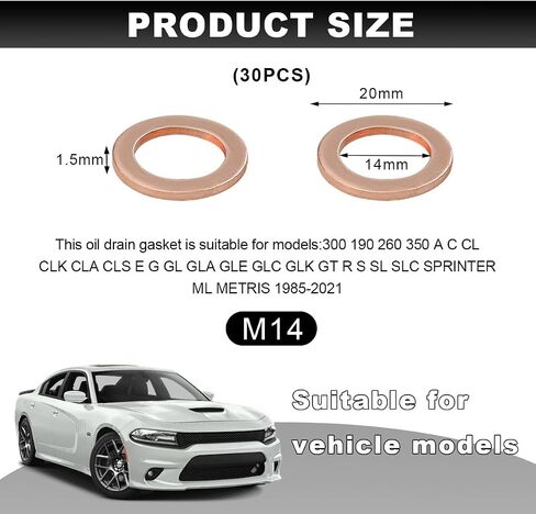 10 PCS Oil Drain Plug Gasket, 14mm Cooper Crush Washer Oil Sealing Gaskets, Automotive Replacement Drain Plug Gaskets Compatible with OEM PN Part 007603-014106, Car Accessories in Kuwait