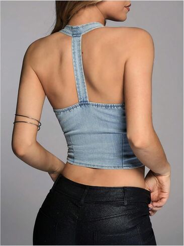 MakeMeChic Women's Sleeveless Asymmetrical Backless Button Down Halter Denim Vest Crop Tops in Saudi Arabia