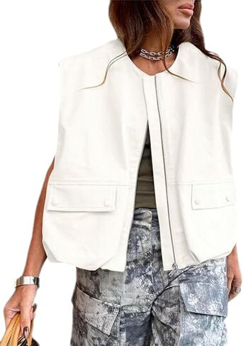 Womens Casual Zip Up Cargo Vest Top Oversized Lightweight Ruched Hem Sleeveless Blazer Jackets Vest Tops in Kuwait