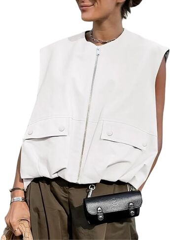 Womens Casual Zip Up Cargo Vest Top Oversized Lightweight Ruched Hem Sleeveless Blazer Jackets Vest Tops in Kuwait