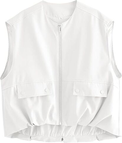 Womens Casual Zip Up Cargo Vest Top Oversized Lightweight Ruched Hem Sleeveless Blazer Jackets Vest Tops in Kuwait