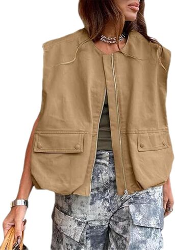 Womens Casual Zip Up Cargo Vest Top Oversized Lightweight Ruched Hem Sleeveless Blazer Jackets Vest Tops in Kuwait