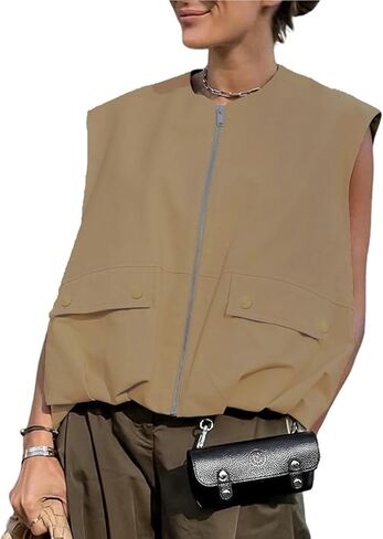 Womens Casual Zip Up Cargo Vest Top Oversized Lightweight Ruched Hem Sleeveless Blazer Jackets Vest Tops in Kuwait