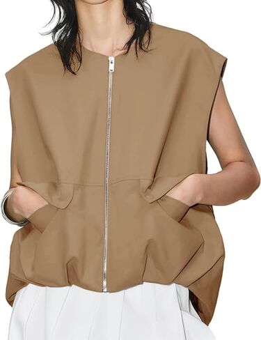 Womens Casual Zip Up Cargo Vest Top Oversized Lightweight Ruched Hem Sleeveless Blazer Jackets Vest Tops in Kuwait