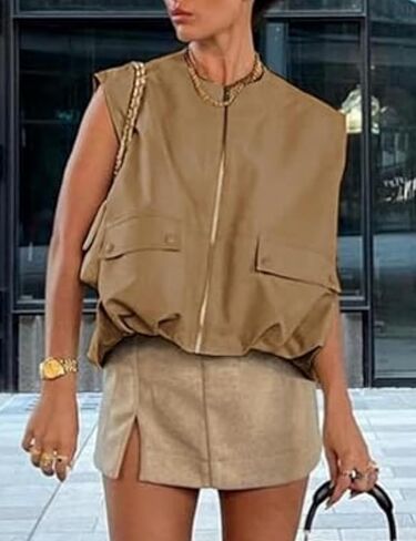 Womens Casual Zip Up Cargo Vest Top Oversized Lightweight Ruched Hem Sleeveless Blazer Jackets Vest Tops in Kuwait