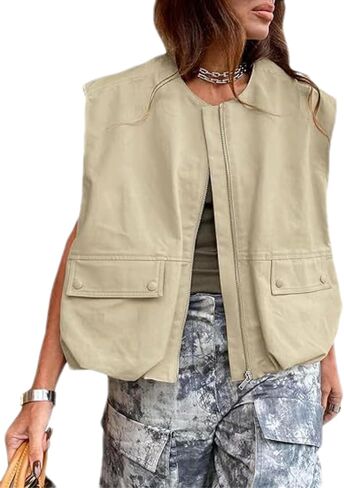 Womens Casual Zip Up Cargo Vest Top Oversized Lightweight Ruched Hem Sleeveless Blazer Jackets Vest Tops in Kuwait