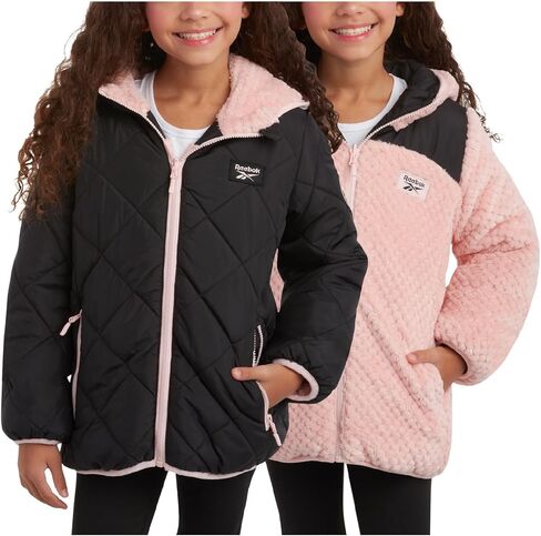 Reebok Girls' Reversible Puffer Jacket - Quilted Winter Coat with Snow Fleece Lining - Warm Hooded Jacket for Girls (7-16) in Saudi Arabia