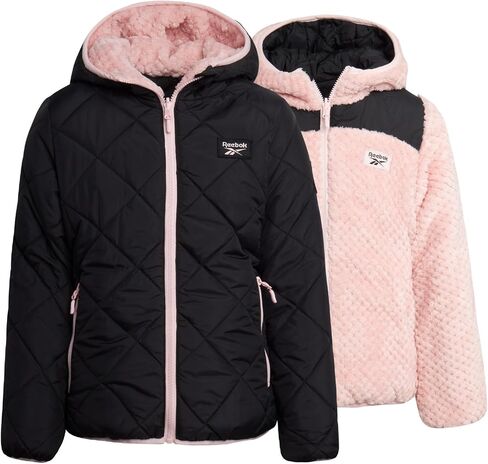 Reebok Girls' Reversible Puffer Jacket - Quilted Winter Coat with Snow Fleece Lining - Warm Hooded Jacket for Girls (7-16) in Saudi Arabia