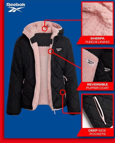 Reebok Girls' Reversible Puffer Jacket - Quilted Winter Coat with Snow Fleece Lining - Warm Hooded Jacket for Girls (7-16) in Saudi Arabia