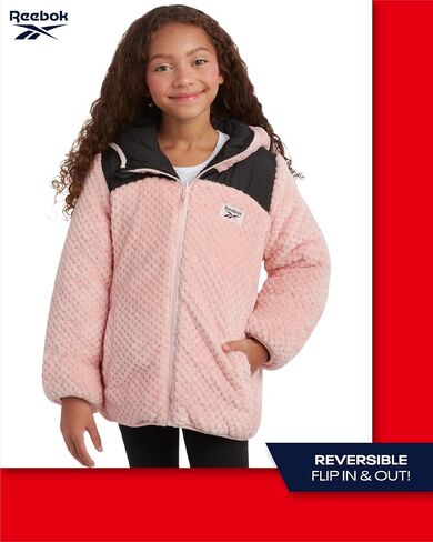 Reebok Girls' Reversible Puffer Jacket - Quilted Winter Coat with Snow Fleece Lining - Warm Hooded Jacket for Girls (7-16) in Saudi Arabia
